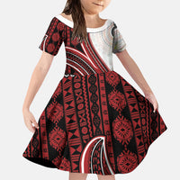 Bula Fiji Vintage Tapa Family Matching Off The Shoulder Long Sleeve Dress and Hawaiian Shirt Kaivity Masi Wave Motifs - Red LT7 Daughter's Dress Red - Polynesian Pride