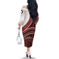 Bula Fiji Vintage Tapa Family Matching Off The Shoulder Long Sleeve Dress and Hawaiian Shirt Kaivity Masi Wave Motifs - Red LT7 - Polynesian Pride