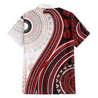 Bula Fiji Vintage Tapa Family Matching Off Shoulder Maxi Dress and Hawaiian Shirt Kaivity Masi Wave Motifs - Red LT7 - Polynesian Pride