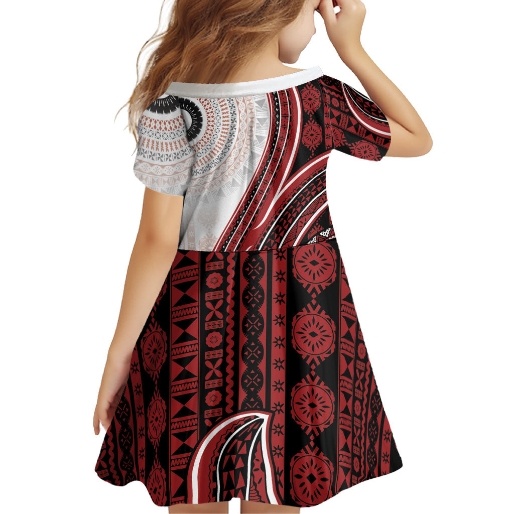 Bula Fiji Vintage Tapa Family Matching Off Shoulder Short Dress and Hawaiian Shirt Kaivity Masi Wave Motifs - Red LT7 - Polynesian Pride