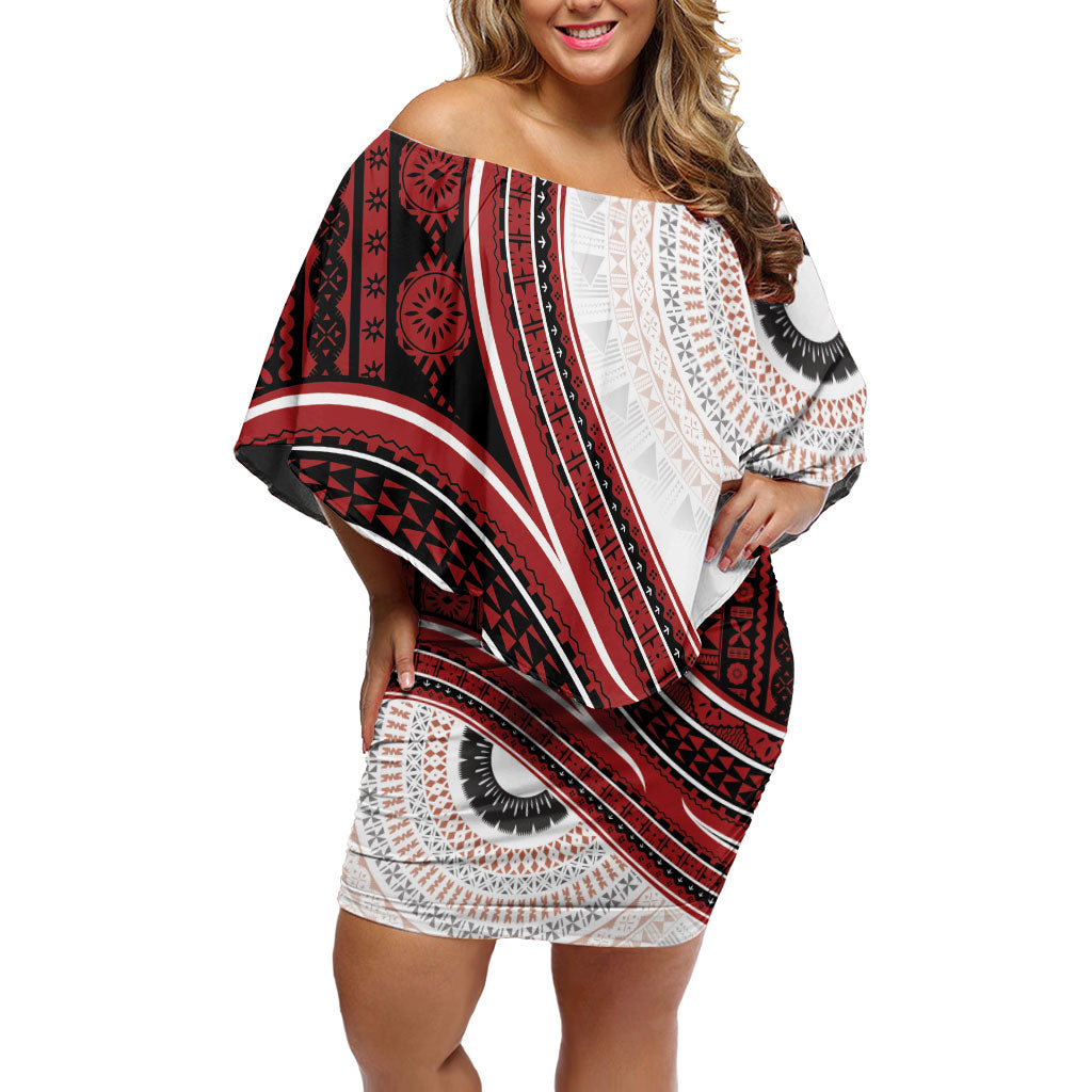 Bula Fiji Vintage Tapa Family Matching Off Shoulder Short Dress and Hawaiian Shirt Kaivity Masi Wave Motifs - Red LT7 Mom's Dress Red - Polynesian Pride