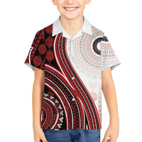 Bula Fiji Vintage Tapa Family Matching Off Shoulder Short Dress and Hawaiian Shirt Kaivity Masi Wave Motifs - Red LT7 Son's Shirt Red - Polynesian Pride