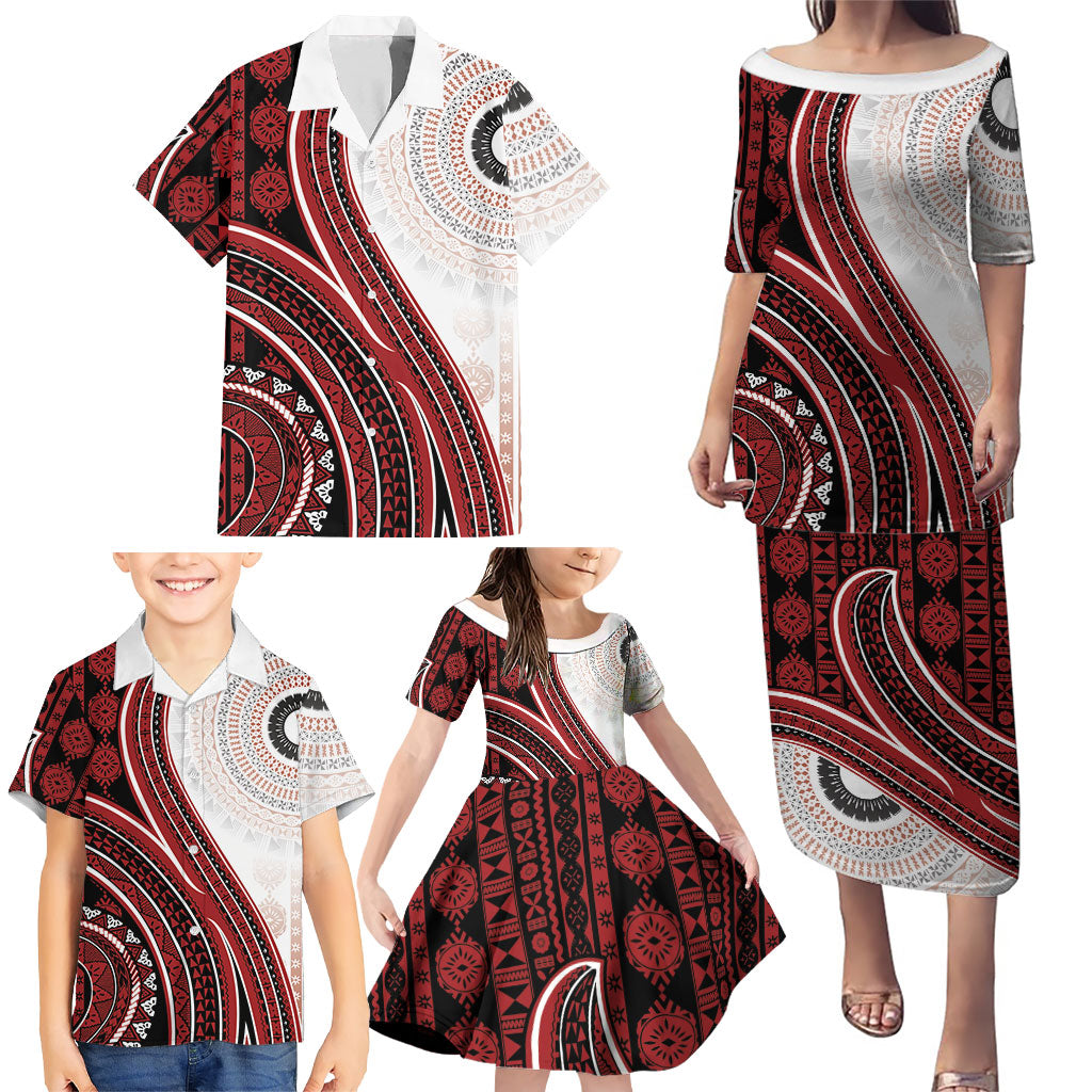 Bula Fiji Vintage Tapa Family Matching Puletasi and Hawaiian Shirt Kaivity Masi Wave Motifs - Red LT7 - Polynesian Pride