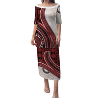 Bula Fiji Vintage Tapa Family Matching Puletasi and Hawaiian Shirt Kaivity Masi Wave Motifs - Red LT7 Mom's Dress Red - Polynesian Pride