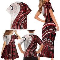 Bula Fiji Vintage Tapa Family Matching Short Sleeve Bodycon Dress and Hawaiian Shirt Kaivity Masi Wave Motifs - Red LT7 - Polynesian Pride