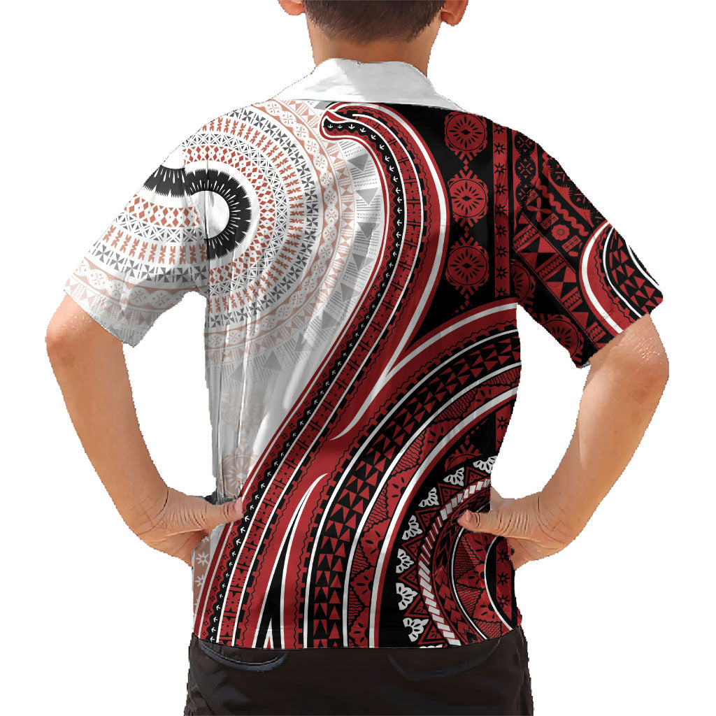 Bula Fiji Vintage Tapa Family Matching Summer Maxi Dress and Hawaiian Shirt Kaivity Masi Wave Motifs - Red LT7 - Polynesian Pride