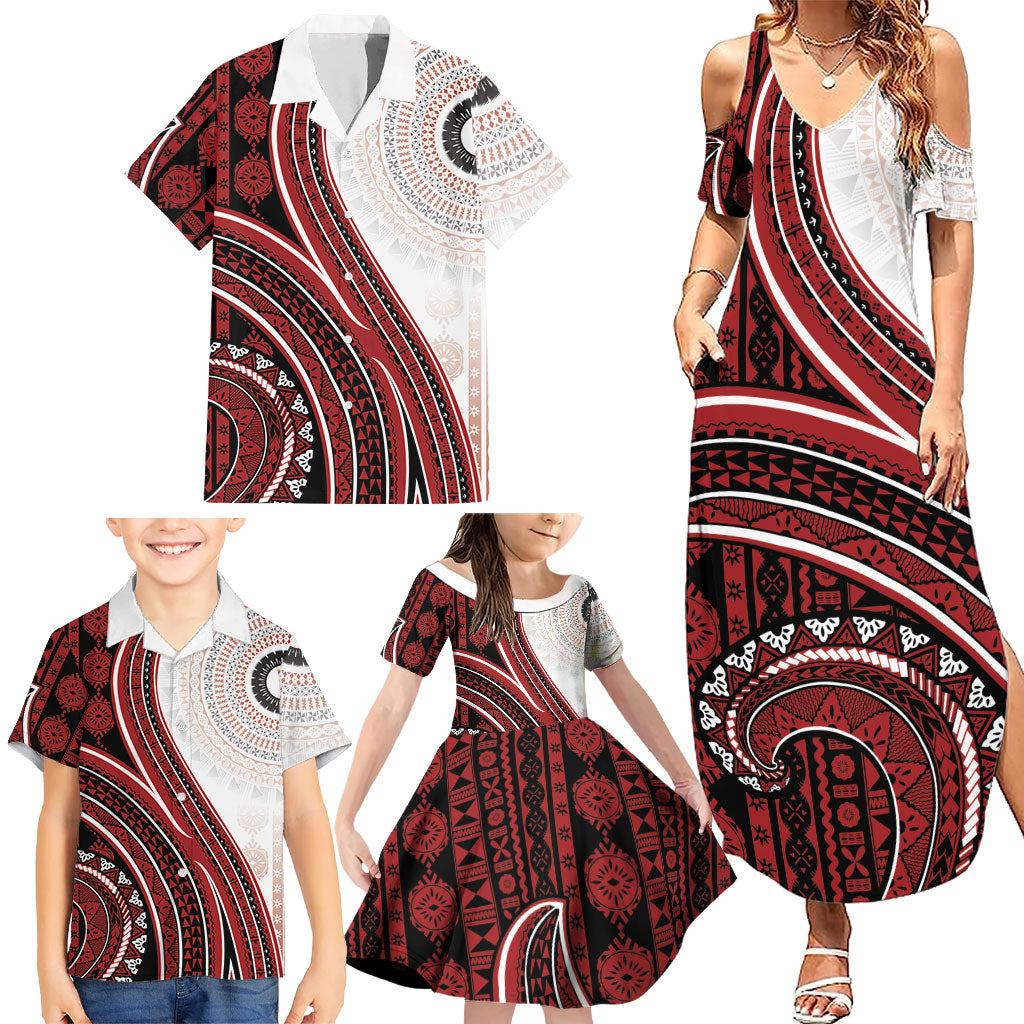 Bula Fiji Vintage Tapa Family Matching Summer Maxi Dress and Hawaiian Shirt Kaivity Masi Wave Motifs - Red LT7 - Polynesian Pride