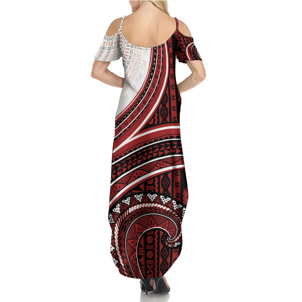 Bula Fiji Vintage Tapa Family Matching Summer Maxi Dress and Hawaiian Shirt Kaivity Masi Wave Motifs - Red LT7 - Polynesian Pride