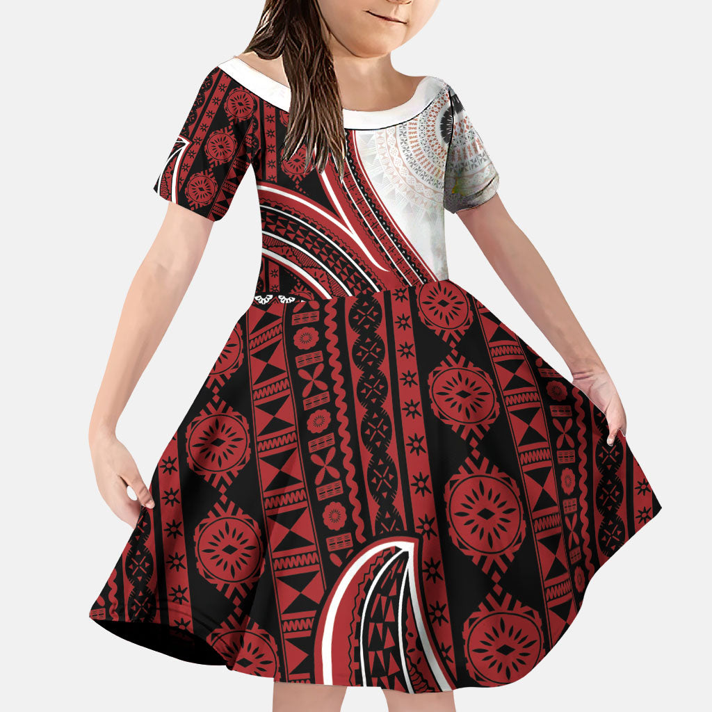Bula Fiji Vintage Tapa Family Matching Tank Maxi Dress and Hawaiian Shirt Kaivity Masi Wave Motifs - Red LT7 Daughter's Dress Red - Polynesian Pride