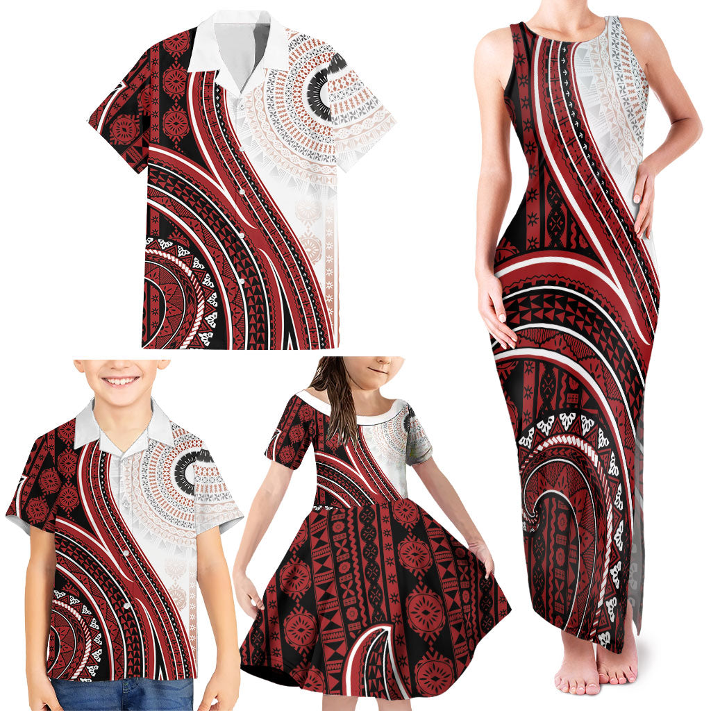 Bula Fiji Vintage Tapa Family Matching Tank Maxi Dress and Hawaiian Shirt Kaivity Masi Wave Motifs - Red LT7 - Polynesian Pride