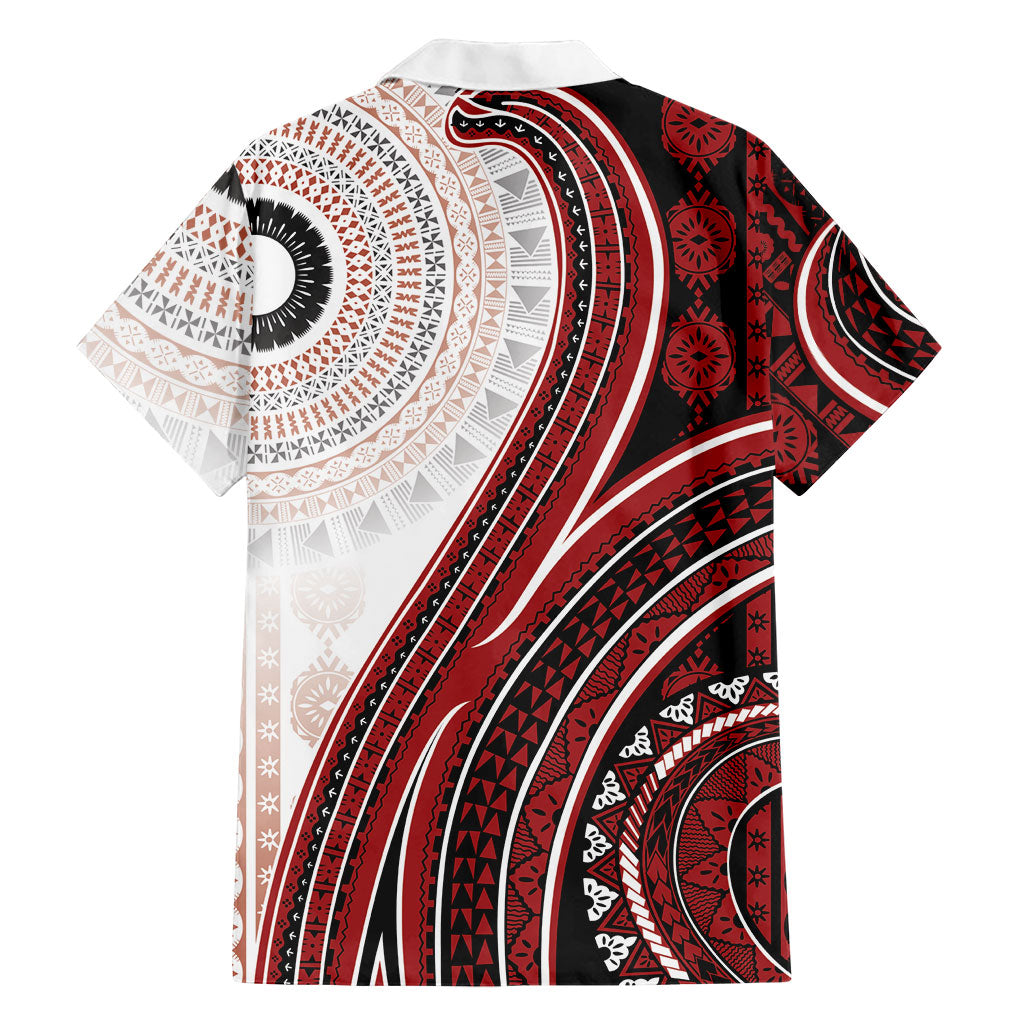 Bula Fiji Vintage Tapa Family Matching Tank Maxi Dress and Hawaiian Shirt Kaivity Masi Wave Motifs - Red LT7 - Polynesian Pride