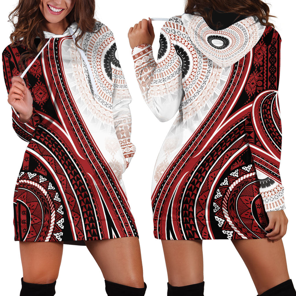 Bula Fiji Vintage Tapa Hoodie Dress Kaivity Masi Wave Motifs - Red