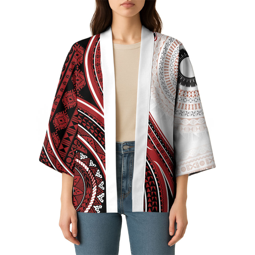 Bula Fiji Vintage Tapa Kimono Kaivity Masi Wave Motifs - Red