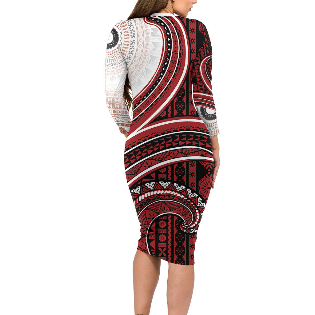 Bula Fiji Vintage Tapa Long Sleeve Bodycon Dress Kaivity Masi Wave Motifs - Red