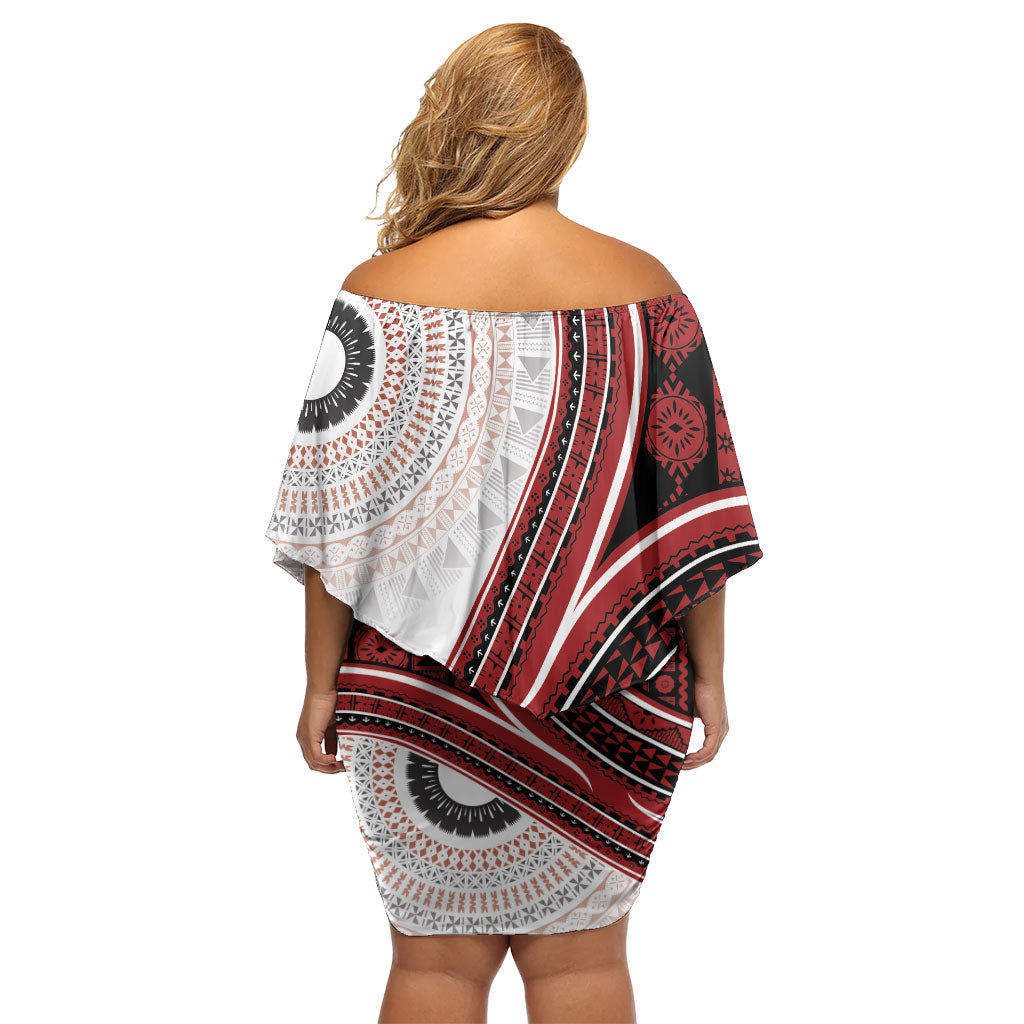 Bula Fiji Vintage Tapa Off Shoulder Short Dress Kaivity Masi Wave Motifs - Red