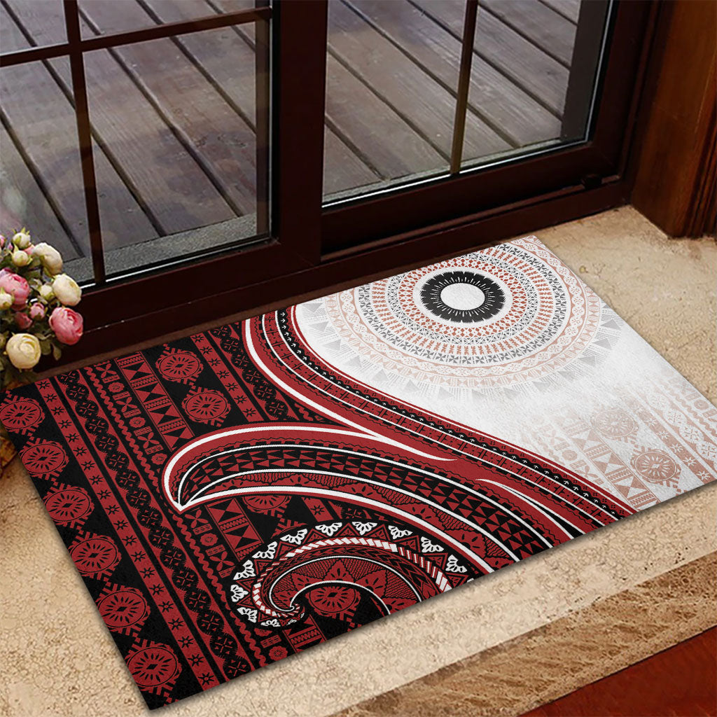 Bula Fiji Vintage Tapa Rubber Doormat Kaivity Masi Wave Motifs - Red