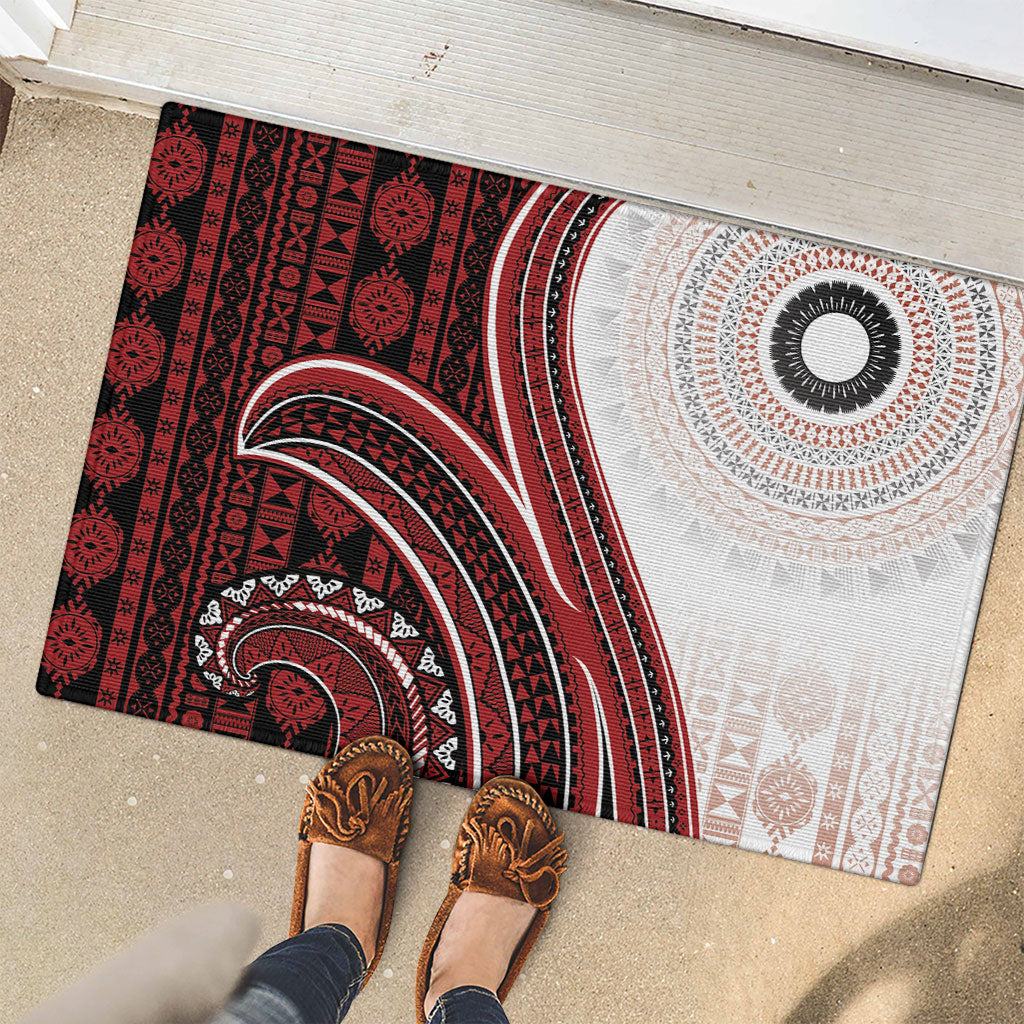 Bula Fiji Vintage Tapa Rubber Doormat Kaivity Masi Wave Motifs - Red