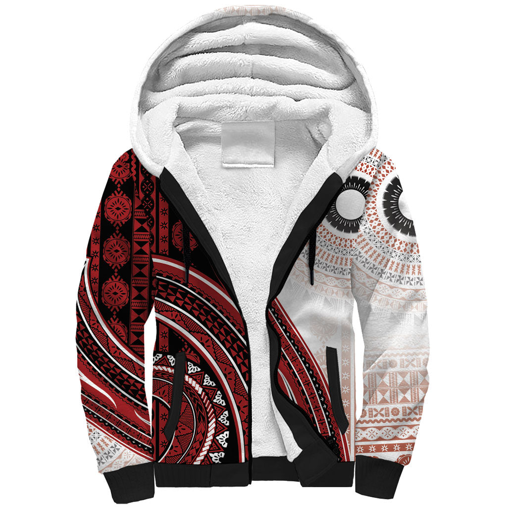 Bula Fiji Vintage Tapa Sherpa Hoodie Kaivity Masi Wave Motifs - Red