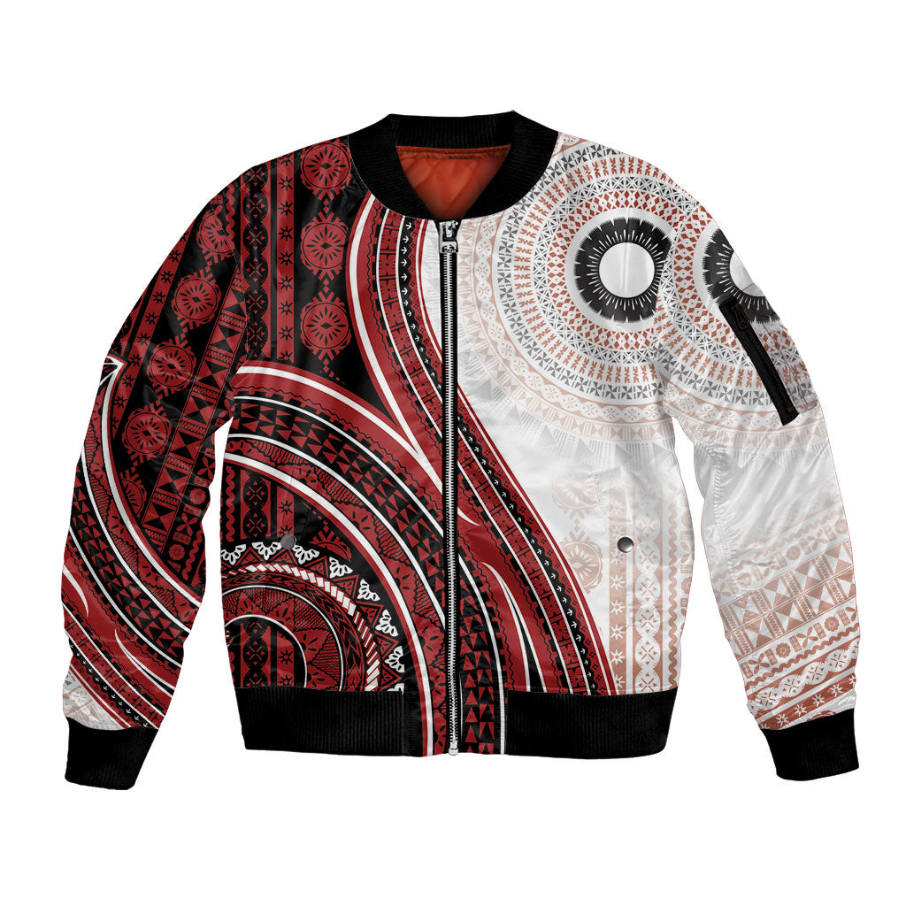Bula Fiji Vintage Tapa Sleeve Zip Bomber Jacket Kaivity Masi Wave Motifs - Red
