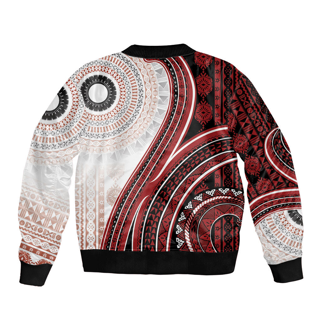 Bula Fiji Vintage Tapa Sleeve Zip Bomber Jacket Kaivity Masi Wave Motifs - Red
