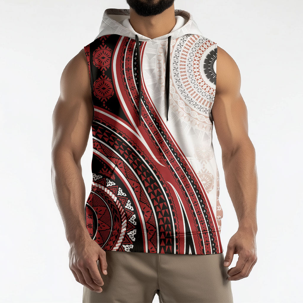 Bula Fiji Vintage Tapa Sleeveless Hoodie Kaivity Masi Wave Motifs - Red