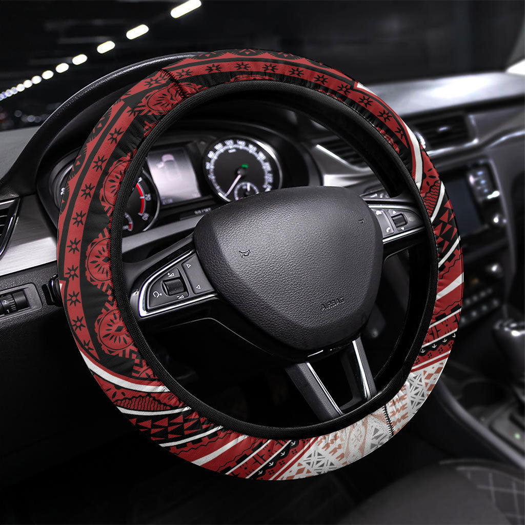 Bula Fiji Vintage Tapa Steering Wheel Cover Kaivity Masi Wave Motifs - Red