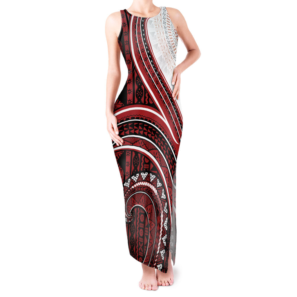 Bula Fiji Vintage Tapa Tank Maxi Dress Kaivity Masi Wave Motifs - Red