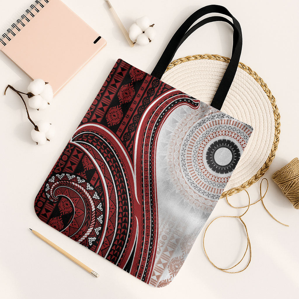 Bula Fiji Vintage Tapa Tote Bag Kaivity Masi Wave Motifs - Red
