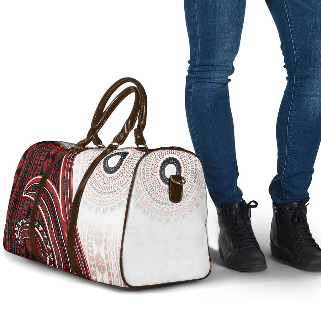 Bula Fiji Vintage Tapa Travel Bag Kaivity Masi Wave Motifs - Red