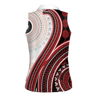 Bula Fiji Vintage Tapa Women Sleeveless Polo Shirt Kaivity Masi Wave Motifs - Red