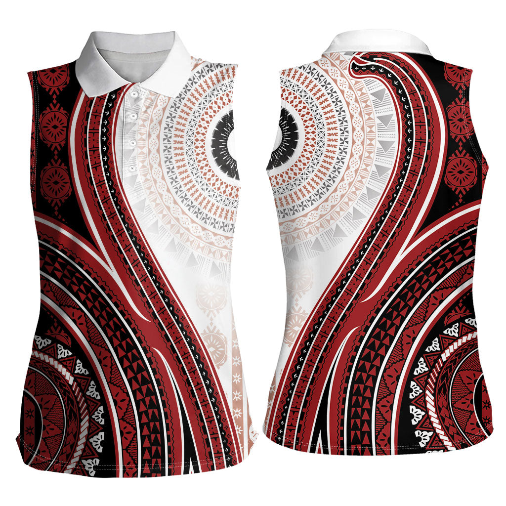 Bula Fiji Vintage Tapa Women Sleeveless Polo Shirt Kaivity Masi Wave Motifs - Red