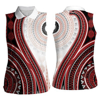 Bula Fiji Vintage Tapa Women Sleeveless Polo Shirt Kaivity Masi Wave Motifs - Red
