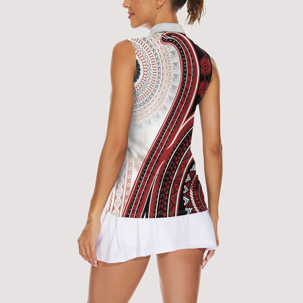 Bula Fiji Vintage Tapa Women Sleeveless Polo Shirt Kaivity Masi Wave Motifs - Red