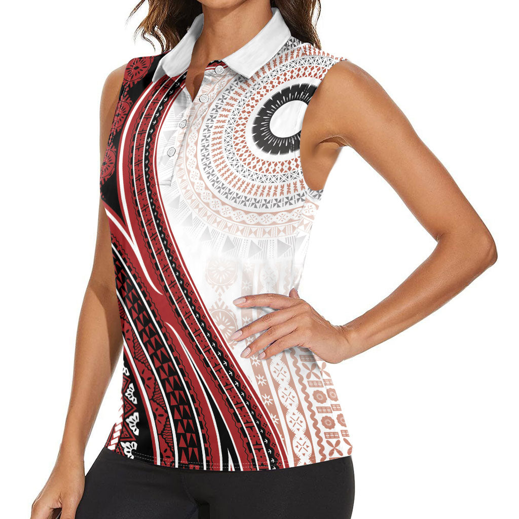 Bula Fiji Vintage Tapa Women Sleeveless Polo Shirt Kaivity Masi Wave Motifs - Red