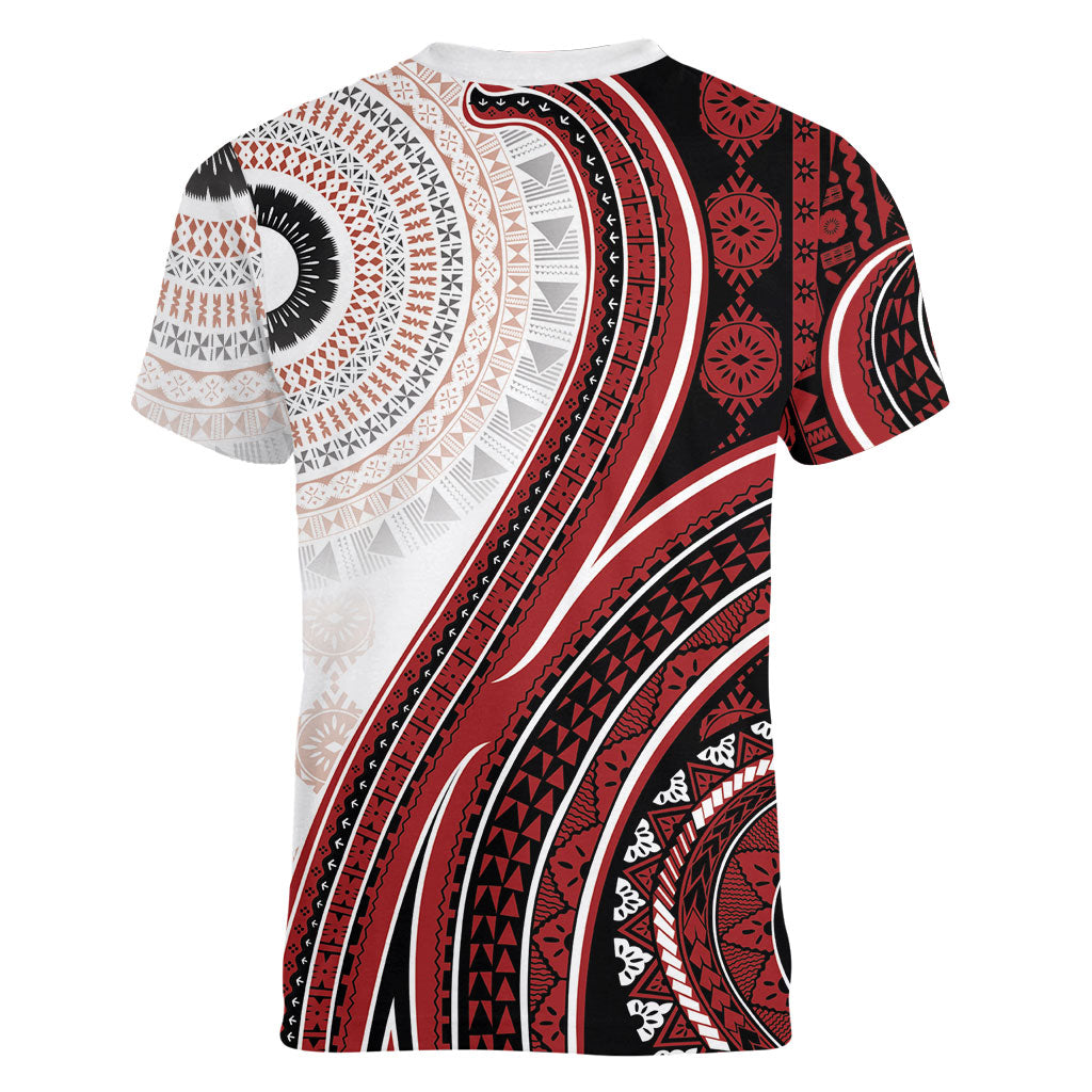 Bula Fiji Vintage Tapa Women V-Neck T-Shirt Kaivity Masi Wave Motifs - Red