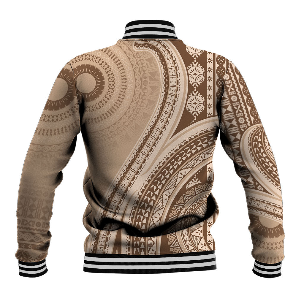 Bula Fiji Vintage Tapa Baseball Jacket Kaivity Masi Wave Motifs - Mocha