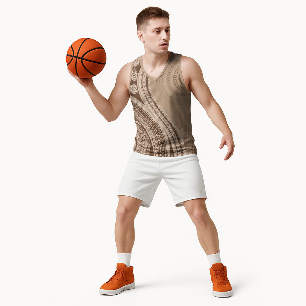 Bula Fiji Vintage Tapa Basketball Jersey Kaivity Masi Wave Motifs - Mocha