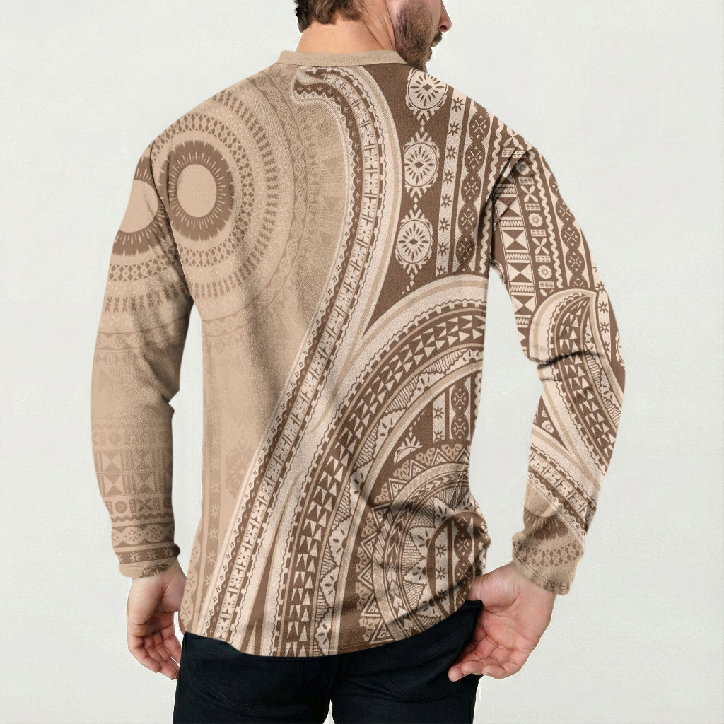 Bula Fiji Vintage Tapa Button Sweatshirt Kaivity Masi Wave Motifs - Mocha