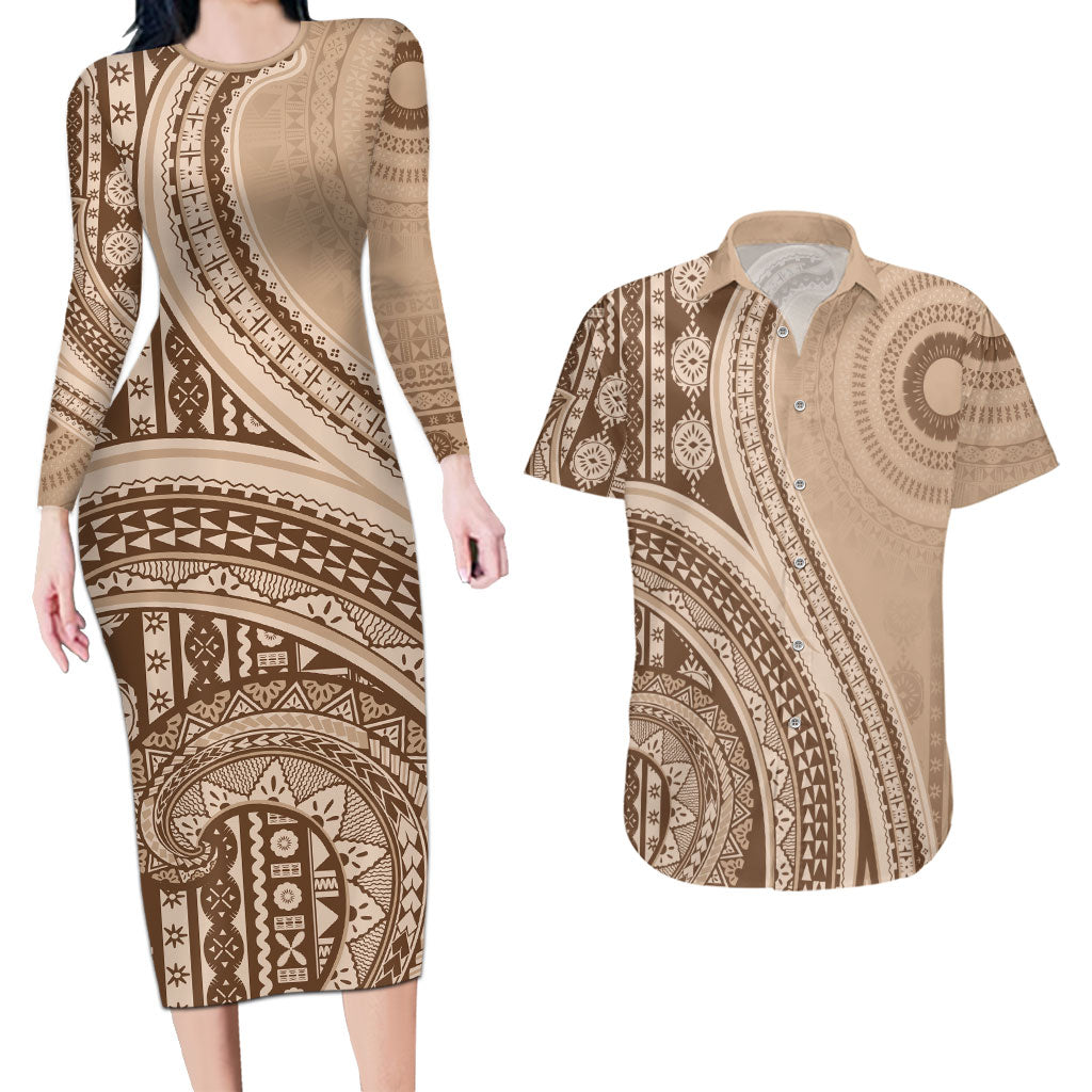 Bula Fiji Vintage Tapa Couples Matching Long Sleeve Bodycon Dress and Hawaiian Shirt Kaivity Masi Wave Motifs - Mocha