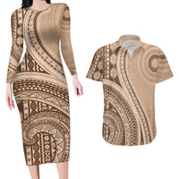 Bula Fiji Vintage Tapa Couples Matching Long Sleeve Bodycon Dress and Hawaiian Shirt Kaivity Masi Wave Motifs - Mocha LT7 Beige - Polynesian Pride