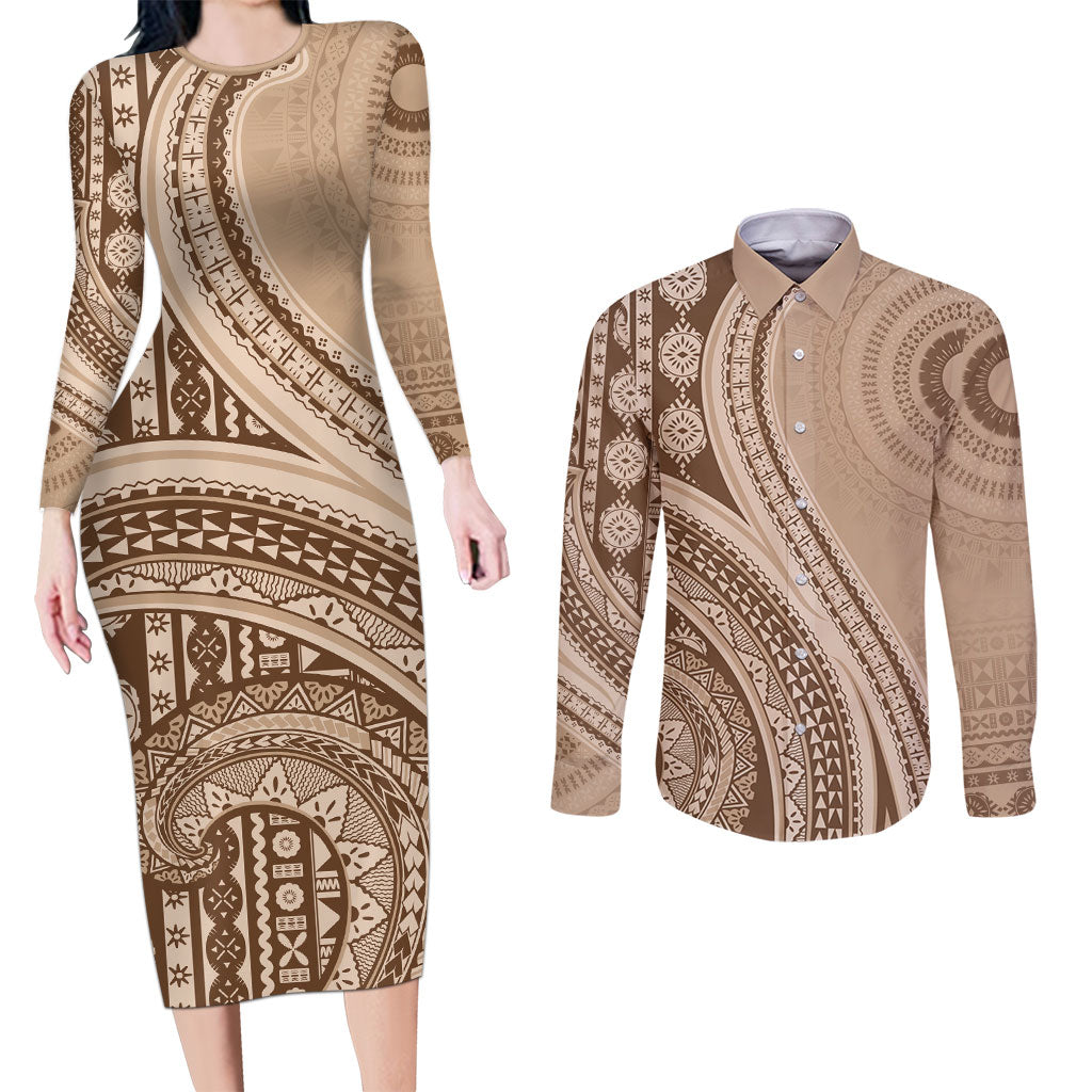 Bula Fiji Vintage Tapa Couples Matching Long Sleeve Bodycon Dress and Long Sleeve Button Shirt Kaivity Masi Wave Motifs - Mocha LT7 Beige - Polynesian Pride
