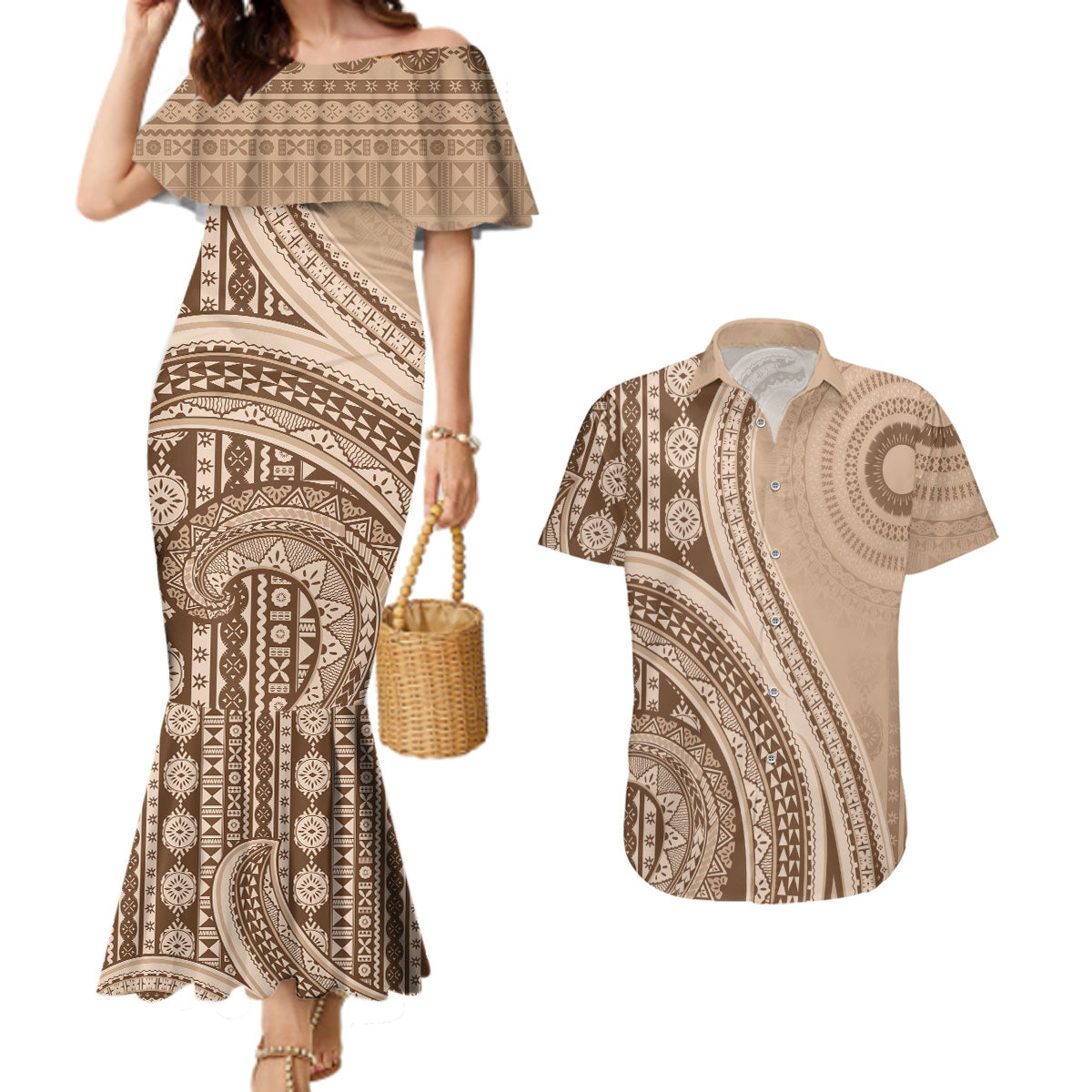 Bula Fiji Vintage Tapa Couples Matching Mermaid Dress and Hawaiian Shirt Kaivity Masi Wave Motifs - Mocha LT7 Beige - Polynesian Pride