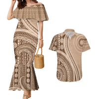 Bula Fiji Vintage Tapa Couples Matching Mermaid Dress and Hawaiian Shirt Kaivity Masi Wave Motifs - Mocha LT7 Beige - Polynesian Pride