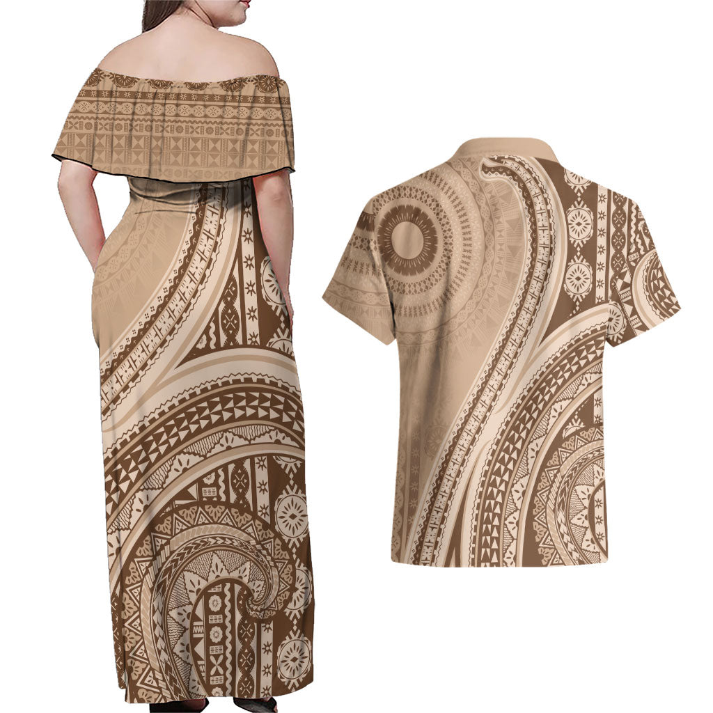 Bula Fiji Vintage Tapa Couples Matching Off Shoulder Maxi Dress and Hawaiian Shirt Kaivity Masi Wave Motifs - Mocha LT7 - Polynesian Pride