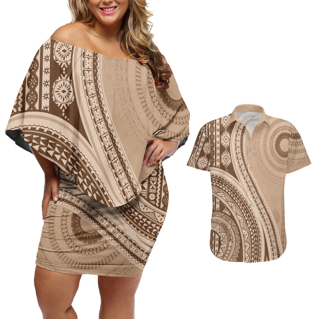 Bula Fiji Vintage Tapa Couples Matching Off Shoulder Short Dress and Hawaiian Shirt Kaivity Masi Wave Motifs - Mocha LT7 Beige - Polynesian Pride