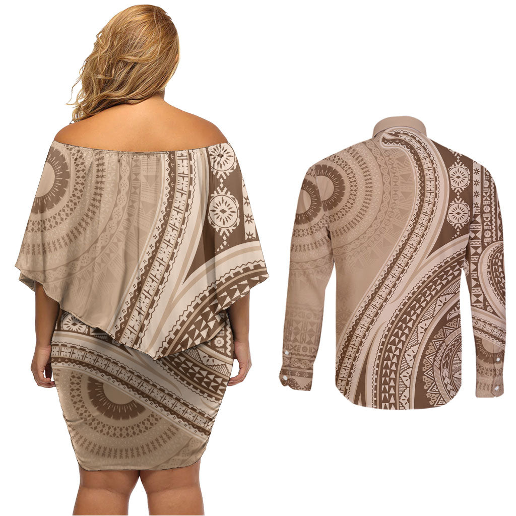 Bula Fiji Vintage Tapa Couples Matching Off Shoulder Short Dress and Long Sleeve Button Shirt Kaivity Masi Wave Motifs - Mocha