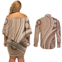 Bula Fiji Vintage Tapa Couples Matching Off Shoulder Short Dress and Long Sleeve Button Shirt Kaivity Masi Wave Motifs - Mocha