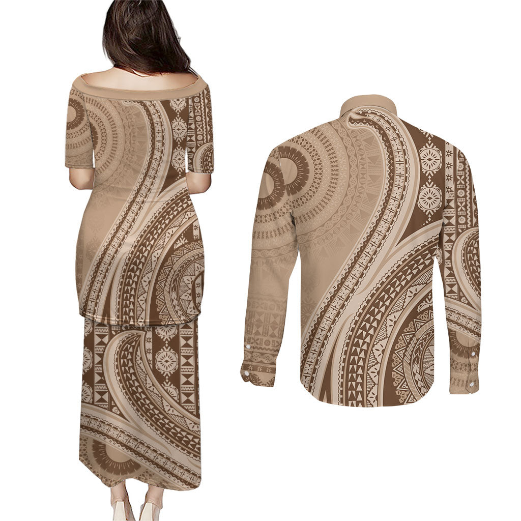 Bula Fiji Vintage Tapa Couples Matching Puletasi and Long Sleeve Button Shirt Kaivity Masi Wave Motifs - Mocha