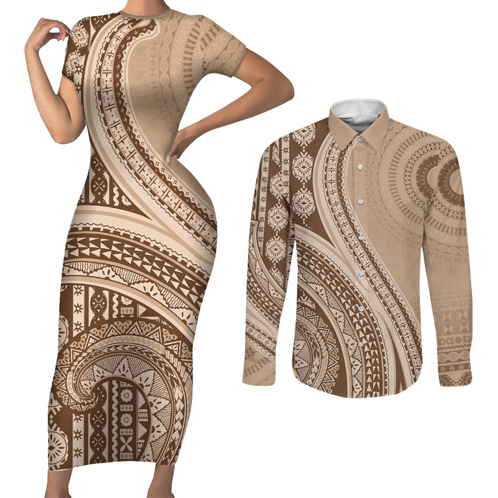 Bula Fiji Vintage Tapa Couples Matching Short Sleeve Bodycon Dress and Long Sleeve Button Shirt Kaivity Masi Wave Motifs - Mocha