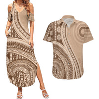Bula Fiji Vintage Tapa Couples Matching Summer Maxi Dress and Hawaiian Shirt Kaivity Masi Wave Motifs - Mocha LT7 Beige - Polynesian Pride